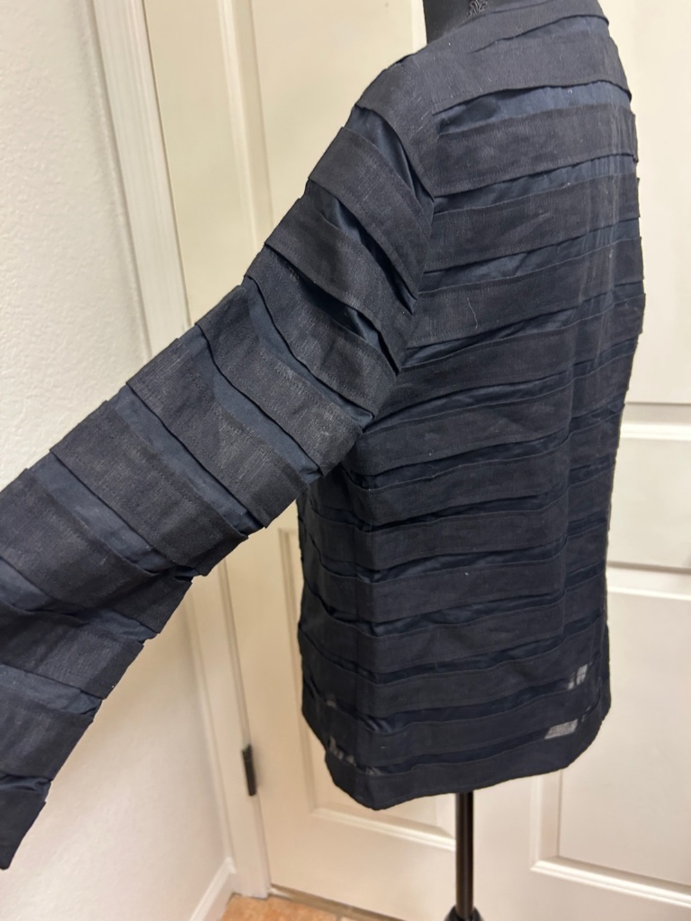 Chico's black jacket featuring striped textured fabric with sheer panels, Size 0 - Picture 8 of 9